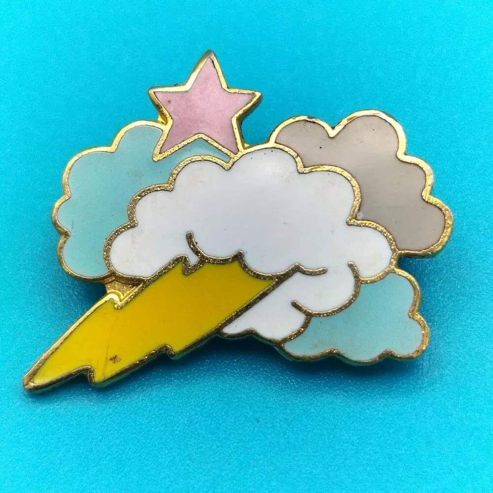 Cute Cloud Lightning Star Enamel Pin Gold Tone Celestial Sky Weather Pinback